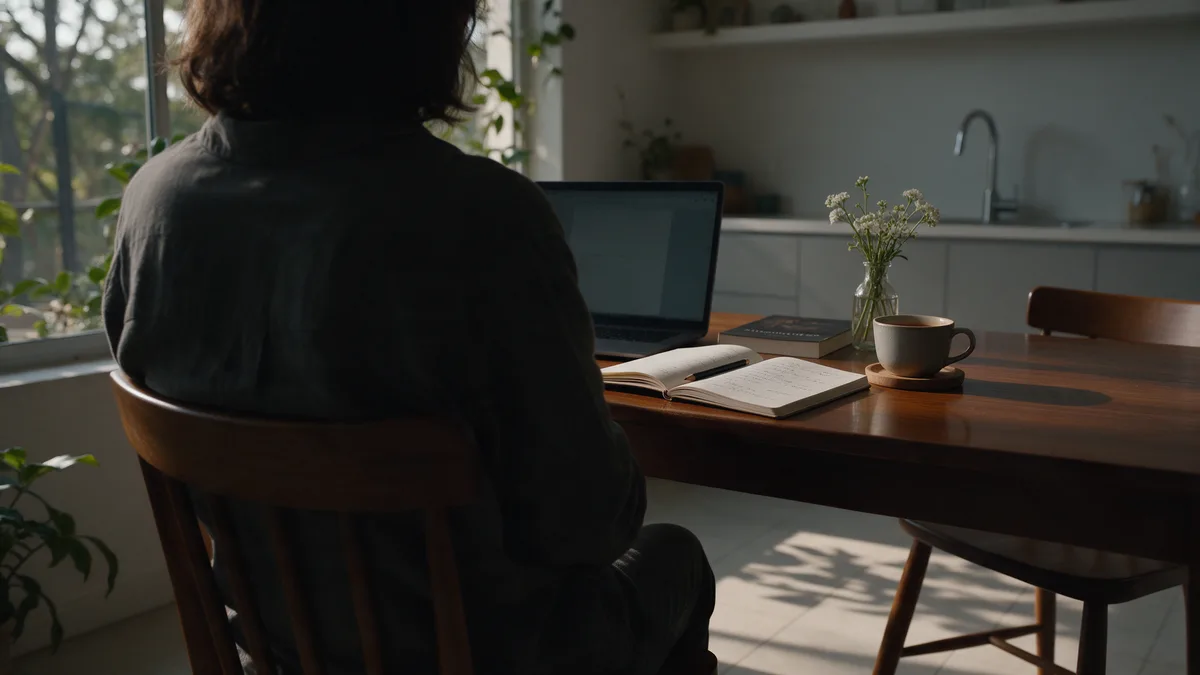 Pessoa sentada à mesa de casa com notebook e papéis, organizando documentos para abrir uma empresa