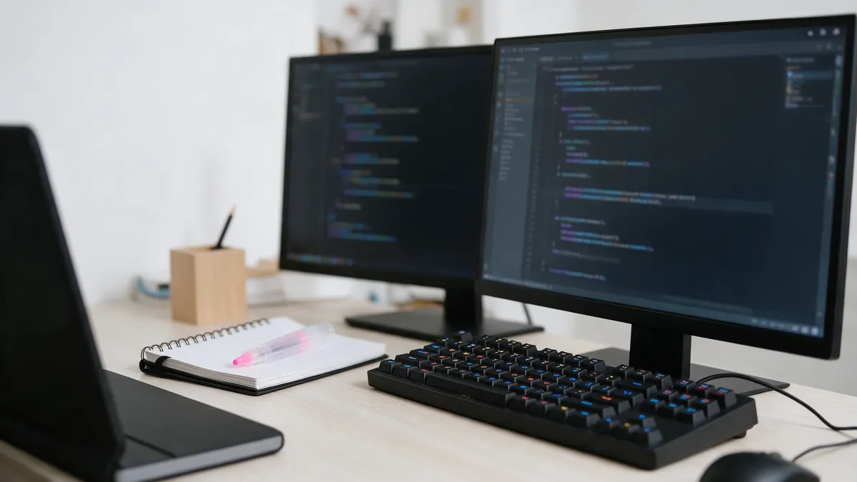 Mesa de trabalho de desenvolvedor com dois monitores exibindo código e um caderno de anotações ao lado