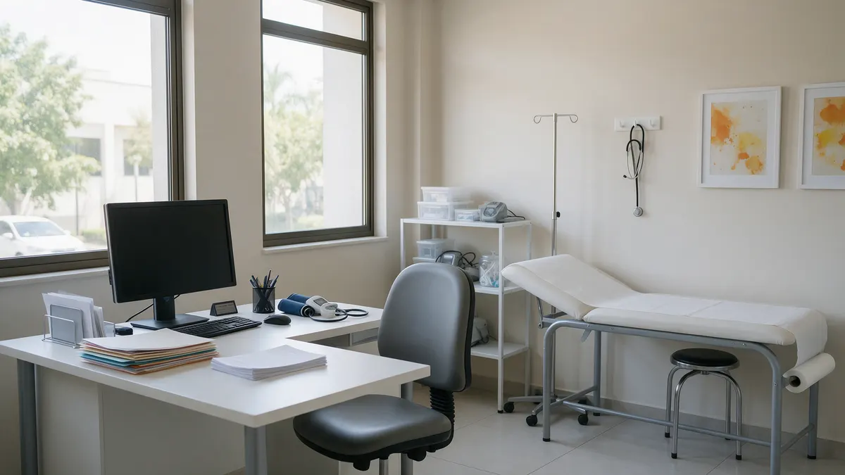 Consultório médico organizado, com mesa, computador e maca ao fundo