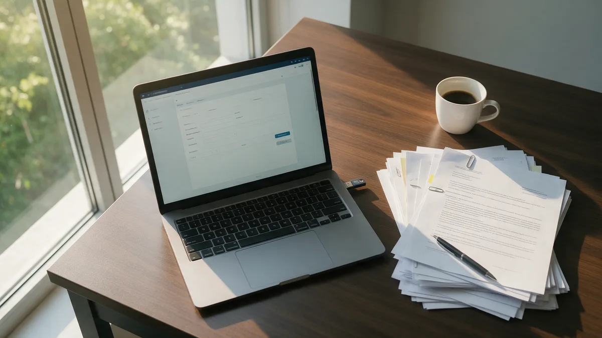 Mesa de escritório com notebook aberto e token de certificado digital conectado na porta USB
