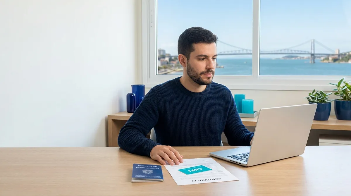 Profissional de tecnologia decidindo entre contrato CLT e PJ em home office com vista de Florianópolis ao fundo