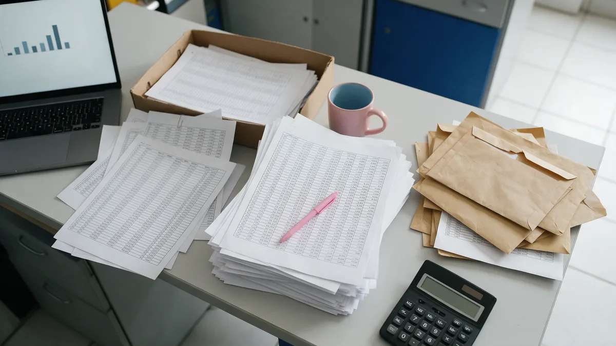 Mesa de escritório com planilha impressa, calculadora e notebook, usada na apuração de impostos da empresa