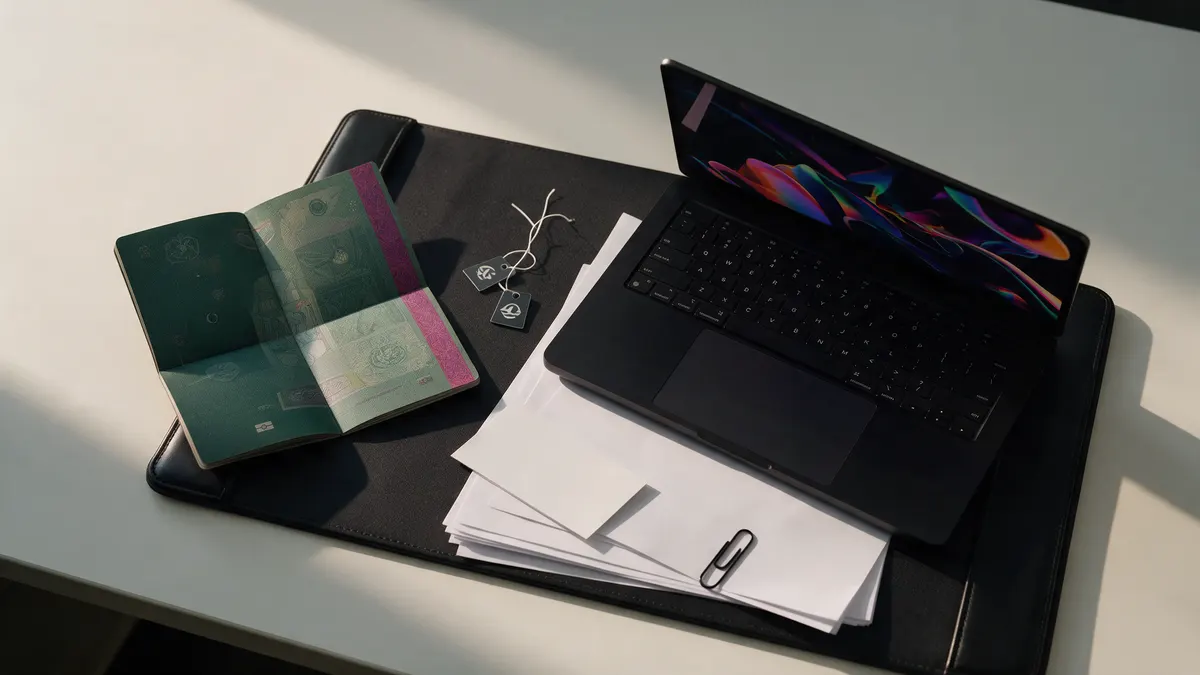 Passaporte, documentos e notebook sobre uma mesa clara, em um ambiente de escritório