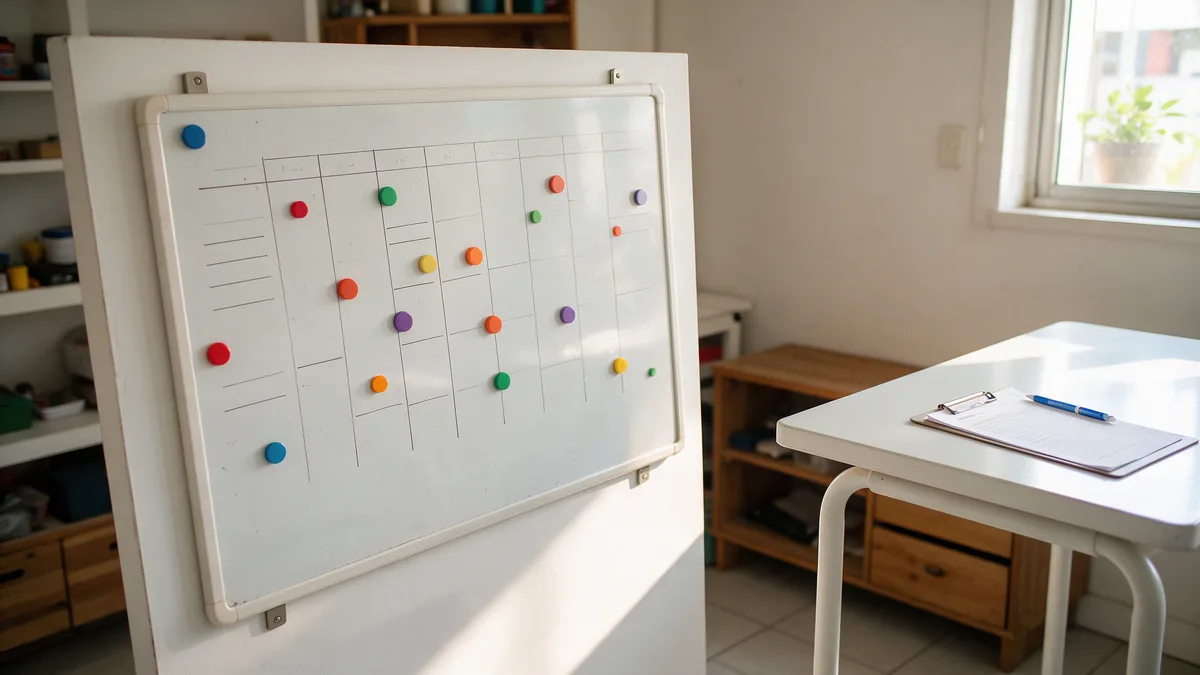 Equipe de uma pequena empresa conferindo a escala de trabalho da semana em um quadro de planejamento