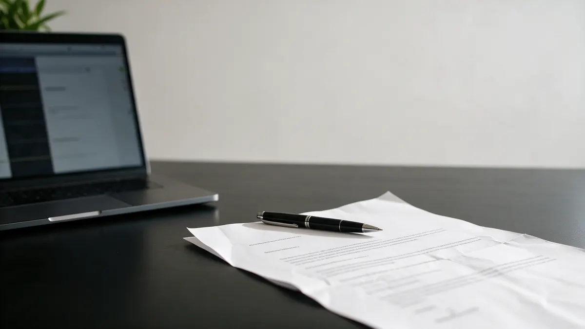 Mesa de trabalho com contrato social impresso, caneta e computador em um escritório tranquilo