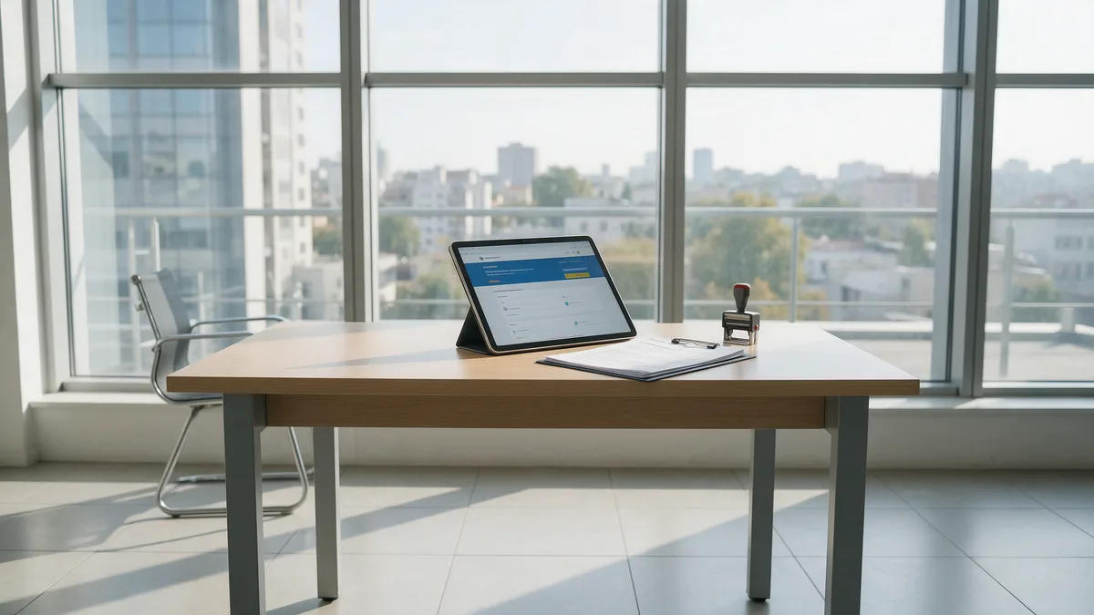 Mesa de escritório com documentos de abertura de empresa e um tablet mostrando um portal de serviços da prefeitura