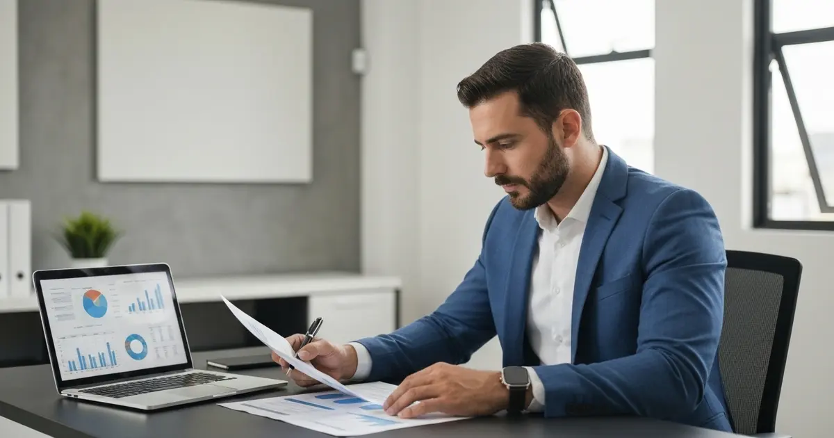 Contador analisando planejamento tributário para pequenas empresas em escritório em Florianópolis SC Contador analisando planejamento tributário para pequenas empresas em escritório em Florianópolis SC