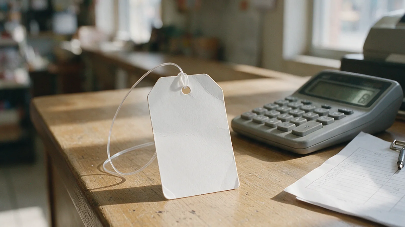 Etiqueta de preço sobre uma mesa de trabalho com calculadora e planilha