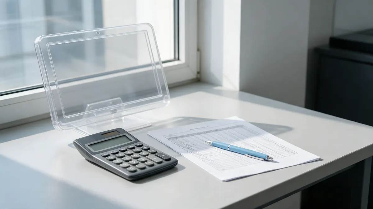 Calculadora, planilha impressa e caneta sobre a mesa, ao lado de um computador